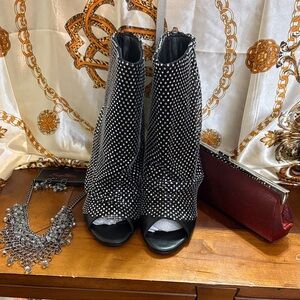 Azalea Wang Black and Silver Peep-Toe Heeled Boots,necklace set, clutch bundle.